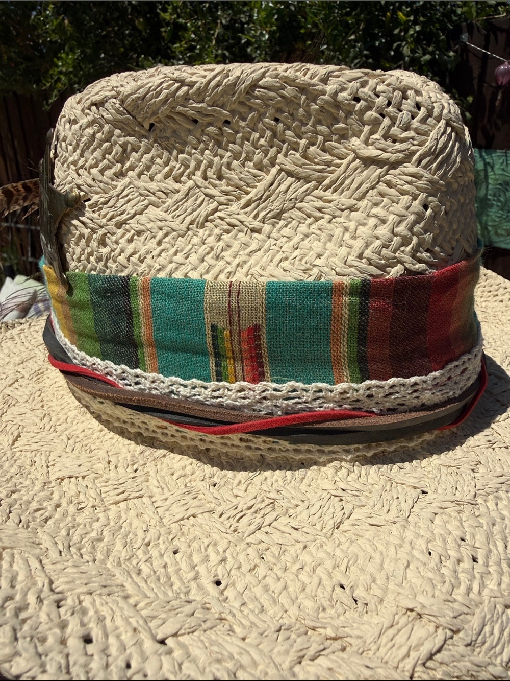 Custom straw cowboy hat w Peacock,feathers leather ,vintage cloth, card sheriff - Picture 13 of 17